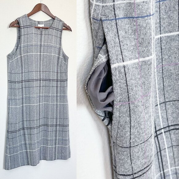 J JILL Ponte Gray Plaid Soft Knit Shift Dress S Side Pockets Preppy Sleeveless - Picture 9 of 13